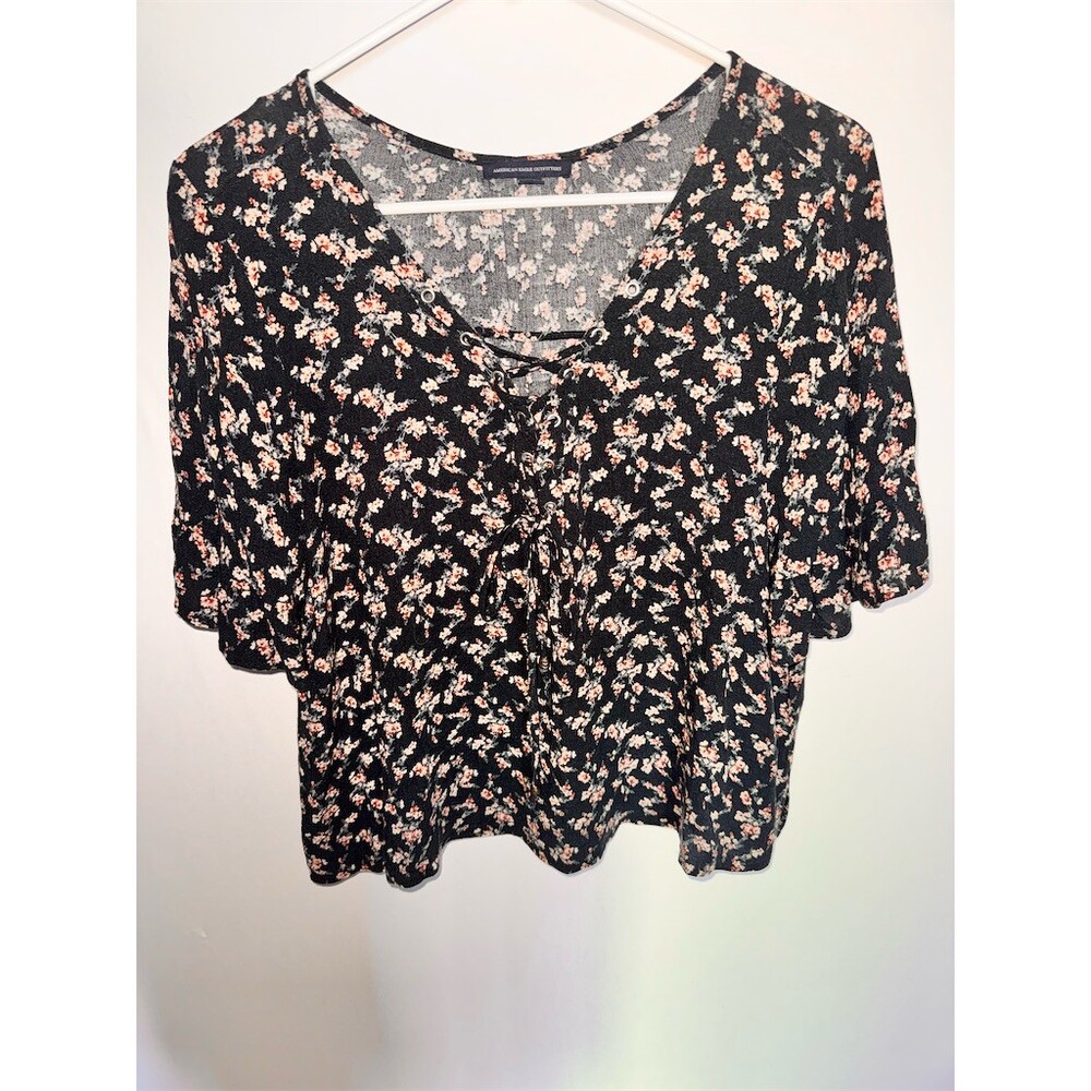 American Eagle Outfitters Blouse Womens M Black Pink Floral Lace-Up Boho